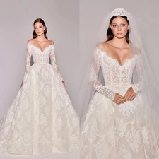 Off Shoulder A-line Wedding Dress Decal V-neck Long Sleeved Lace Bridal Gown