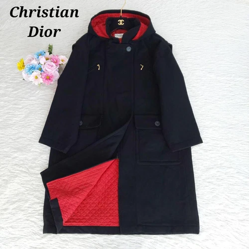 Christian Dior Cappotto Lungo Trapuntato Nero Rosso con Cappuccio Donna Taglia M