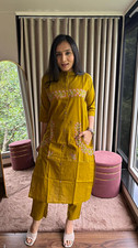 Womens Yellow Cotton Kurta Set With Floral Embroidery Matching Pants One Size