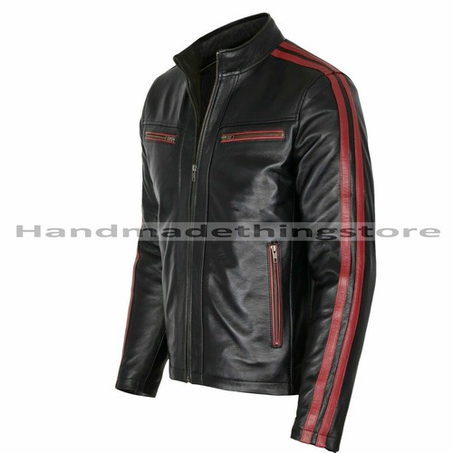 MEN'S BLACK AND RED VINTAGE BIKER LEATHER MOTORCYCLE JACKET - Picture 3 of 4