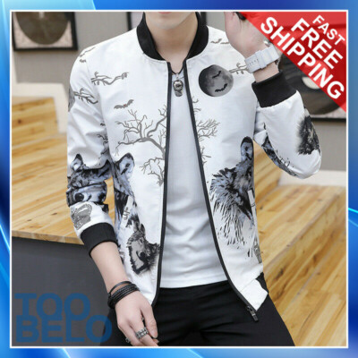 Mens Printed Korean Baseball Jacket Stand Collar Long Sleeve Zipper Outwear Chic