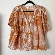 Desmond & Dempsey X H&M Womens XL Orange Tropical V-Neck Beach Blouse Top