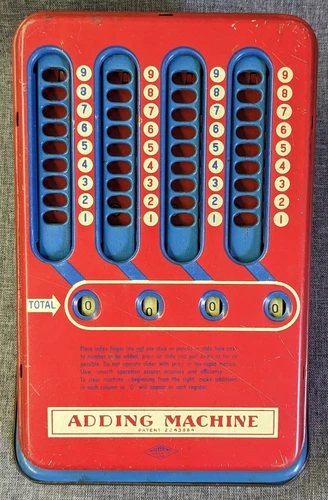 Vintage Tin Wolverine USA Red & Blue Metal Math Toy Adding Machine