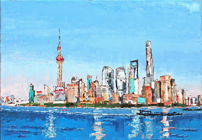 Schanghai Skyline, Öl, gespachtelt, auf Leinwand, 70 cm x 100 cm x 1,5- 1,7 cm
