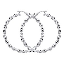 Sterling Silver 925 Large Chunky Glitter Twisted Hoop Ladies Earrings 60mm