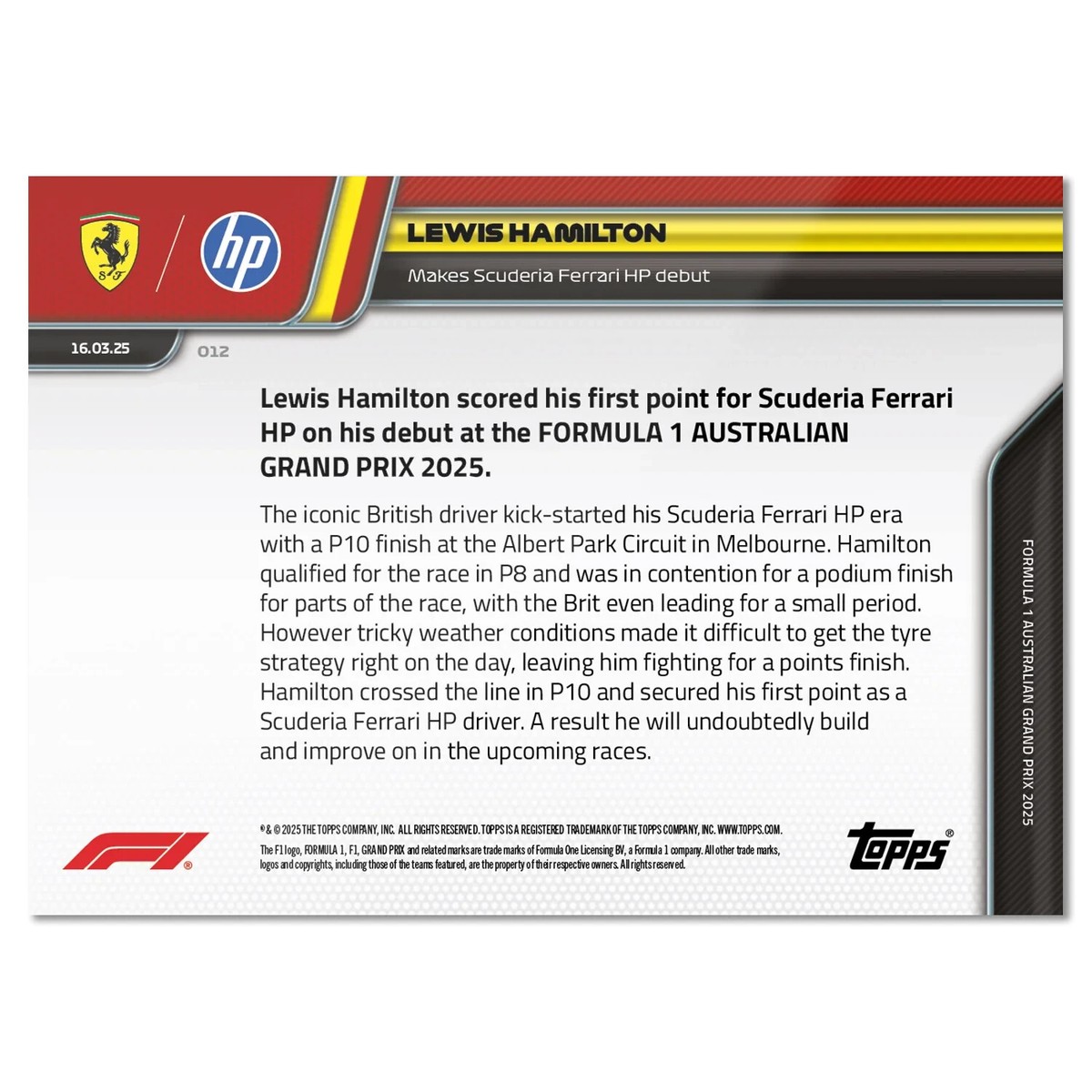 Lewis Hamilton F1 Ferrari Debut 2025 Formula 1 Topps NOW Card 12