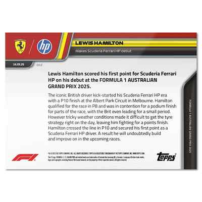 Lewis Hamilton F1 Ferrari Debut 2025 Formula 1 Topps NOW Card 12