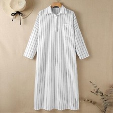 Women 3/4 Sleeve Henley Striped Linen/Cotton Long Dress-Casual/Holliday/Vacation