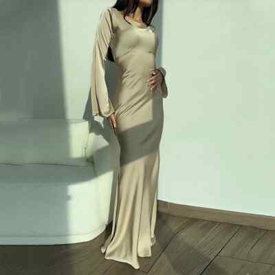 Modest Satin Maxi Dress with Lace-Up Back Dark Brown / S Modest Satin Maxi Dress with Lace-Up Back Dark Brown / S
