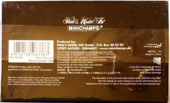 MINICHAMPS 1/43 Mika Hakkinen McLaren Mercedes MP4/13 Campeón del Mundo 1998 Nuevo Foto 4 de 4