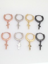 925 Sterling Silver Cross Dangling Huggie Hoop Earrings Plain 24mm/0.94"