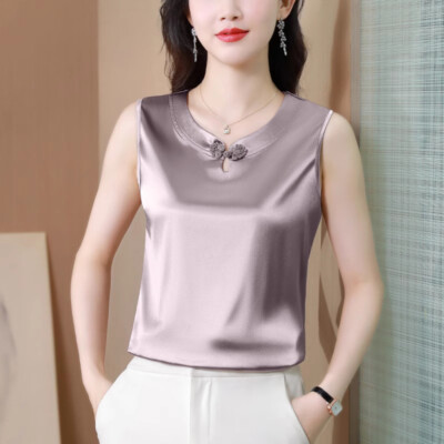 Lady Satin Faux Silk Vest Cami Tank Tops Chinese Sleeveless Top Frog Button Soft