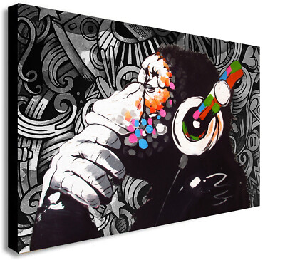 Banksy DJ Affe Schimpanse Graffiti Wand - Gerahmter Leinwandbilddruck. Verschiedene Größen