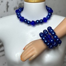 Handmade Barbie, Fashion Doll Jewelry: Navy-Blue Bead Necklace & Bracelet