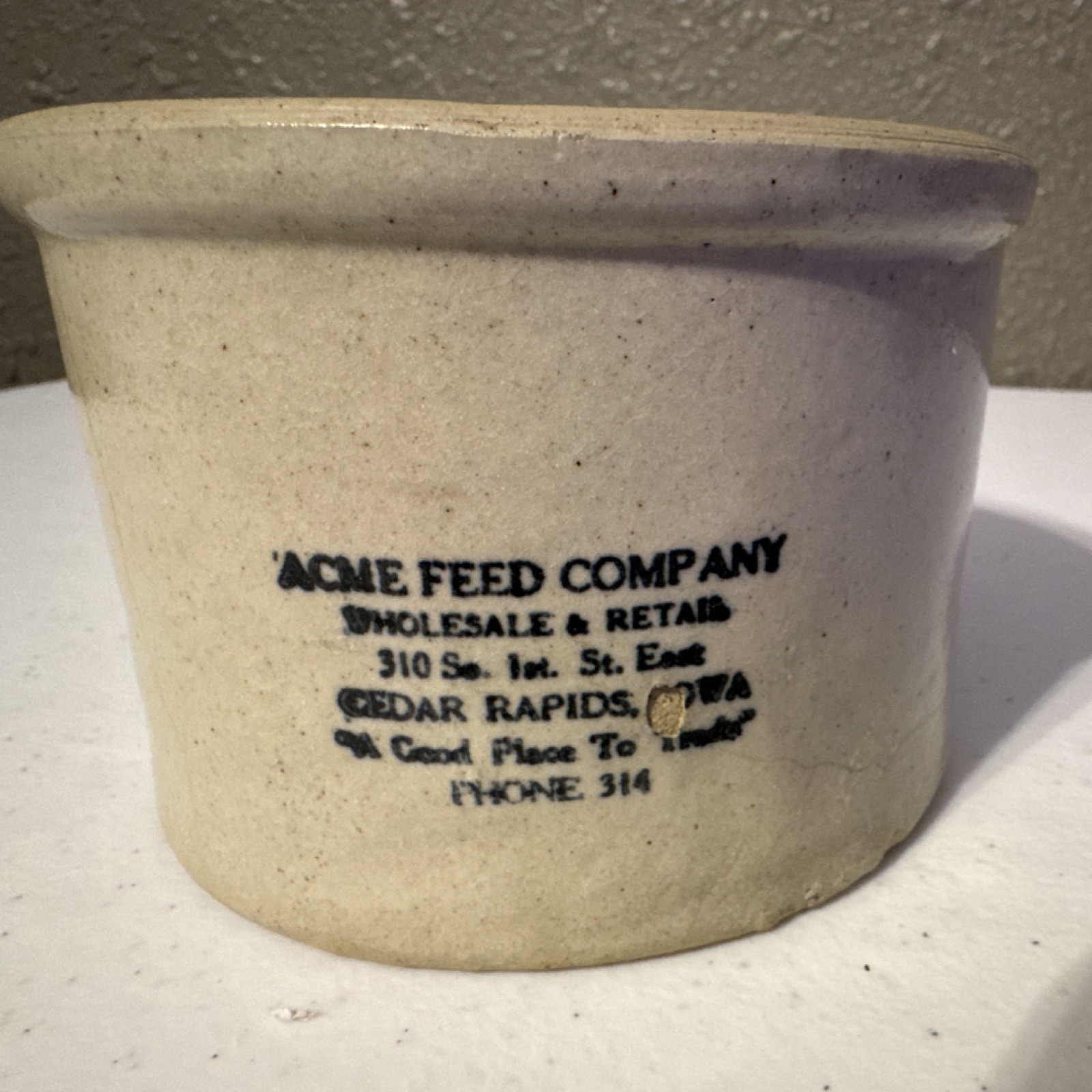 Acme Feed Company Stoneware Jar Beige Round 5.5" Cedar Rapids Iowa