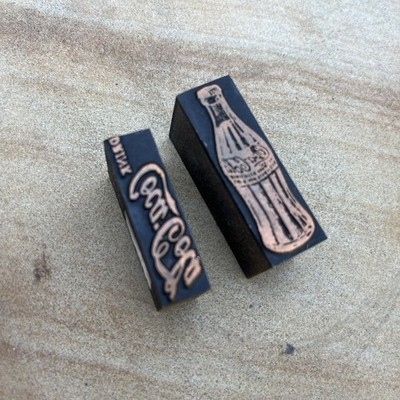 2 Coke Letterpress Printing Blocks Coca-Cola Hobbleskirt. Bottle Copper Wood