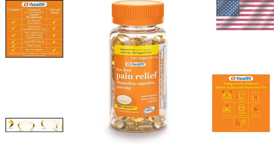 A+ Health Ibuprofen 200 毫克无染料迷你软胶囊 - 180 个头痛缓解 — 第 2/4 张图片