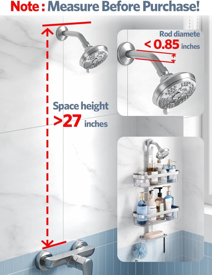 LAMU 3-Tier Hanging Shower Caddy Rustproof Organizer Over Showerhead Hooks - Image 2 of 4