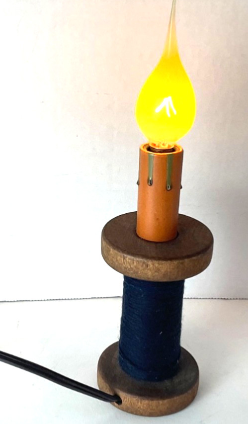 Wooden Spool Accent Lamp Blue Thread 7'' Pre Owned