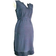 Ann Taylor Classic Dress Size S Dark Blue Polka Dot Sleeveless Belted Stretch