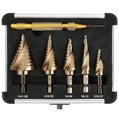 6PC Cobalt Step Drill Bit Set, Hex Shank Step Drill with Two Spiral Flutes an