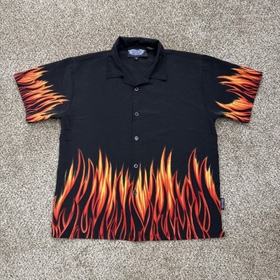 Vintage Y2K Silver Point Flame Shirt Size M Black Hot Rod Button Down Rock