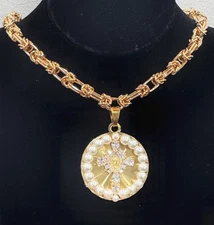 Gold plated chain with large pearls Medallion with cross pendant Handmade in USA