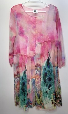 Vicky & Lucas Babydoll Dress Wearable Art Teacher Lightweight Peacocks Asian M
