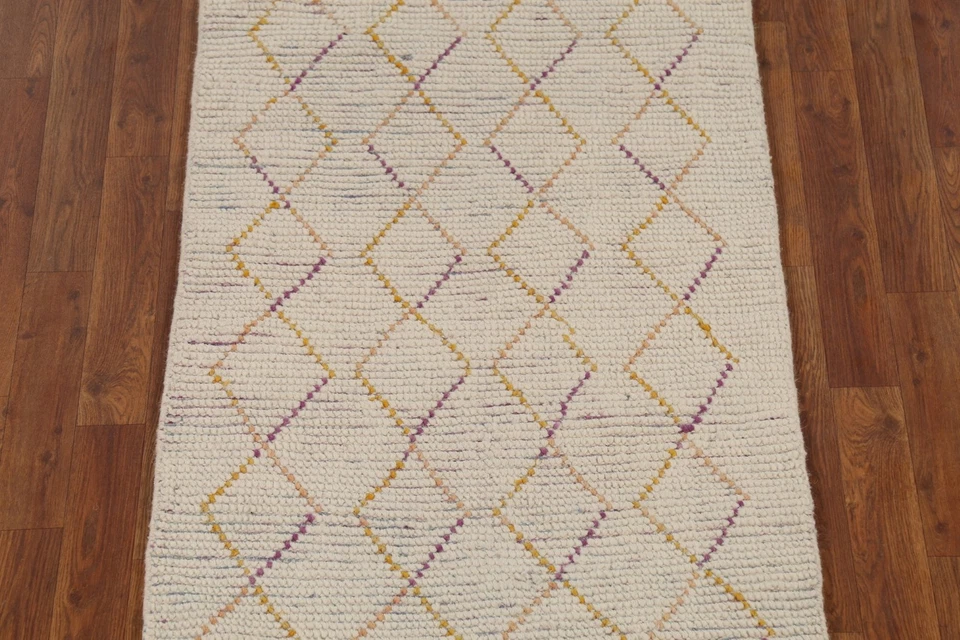 象牙色 Trellis 摩洛哥长条地毯 3x13 羊毛手工打结走廊东方地毯 — 第 4/4 张图片