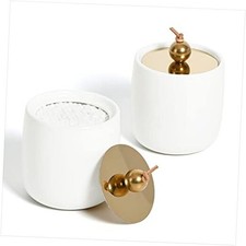 2 Pack Ceramic Qtip Holder Dispenser with Gold Lids, White Apothecary Jars