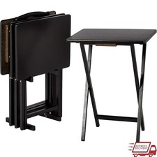 Foldable TV Dinner Tray Table with Storage Rack Set of 4 Black 15" x 19" x 26"