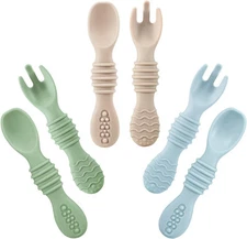 PandaEar 6 Pack Silicone Baby Spoons & Forks | Feeding Set Self White 