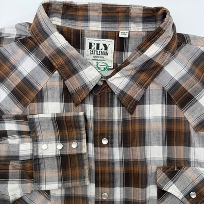 Ely Cattleman Western Shirt Men 2XL Brown Plaid Pearl Snap Classic Embroidery