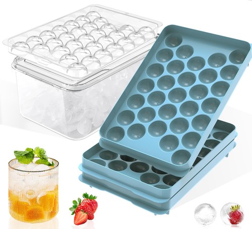 Ice Cube Trays with Lid and Bin, 3 Pack Ice Ball Maker Mold for Freezer Round...
