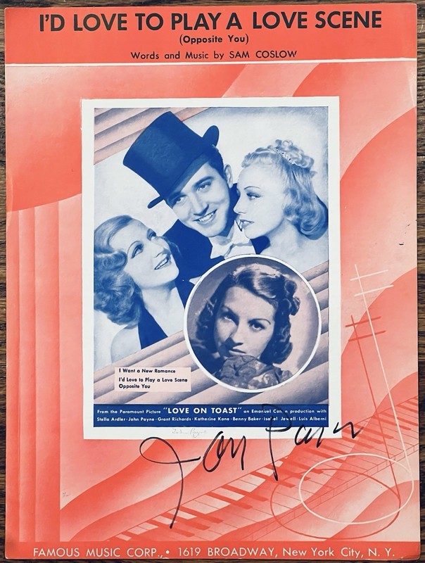 JOHN PAYNE **autographed** 1937 film LOVE ON TOAST sheet music SAM COSLOW song