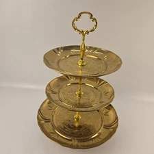 Li Yun 3 Tier Tidbit Serving Tray Embossed Metal Gold Color 10.5in diam