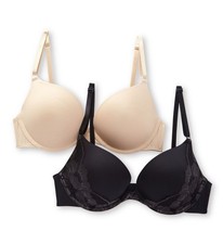 2-Pack Lightly Lined T-Shirt Bras In Black & Nude With Adjustable Straps & Lace