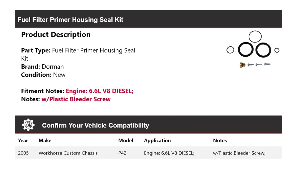 Kit de sellado de carcasa de imprimación de filtro de combustible Workhorse Custom Chasis P42 Dorman 2005 Foto 2 de 4