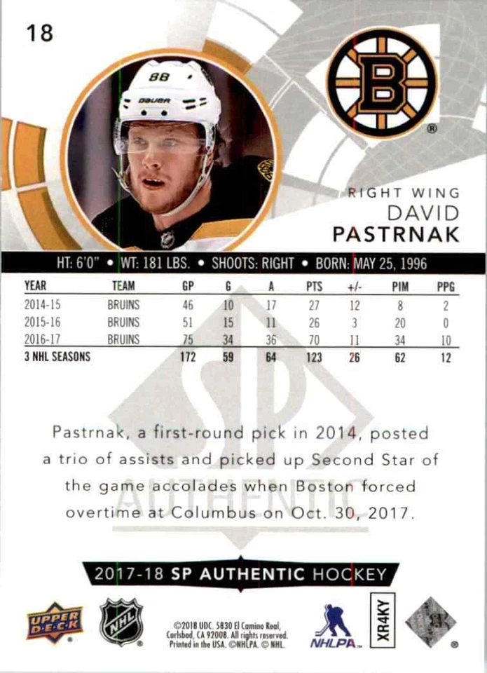 2017-18 upper deck SP Authentic David Pastrnak #18 - Image 2 of 2