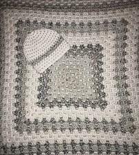 Handmade Crochet Baby Blanket Afghan with Newborn Hat 36 X 36 Multi Gray
