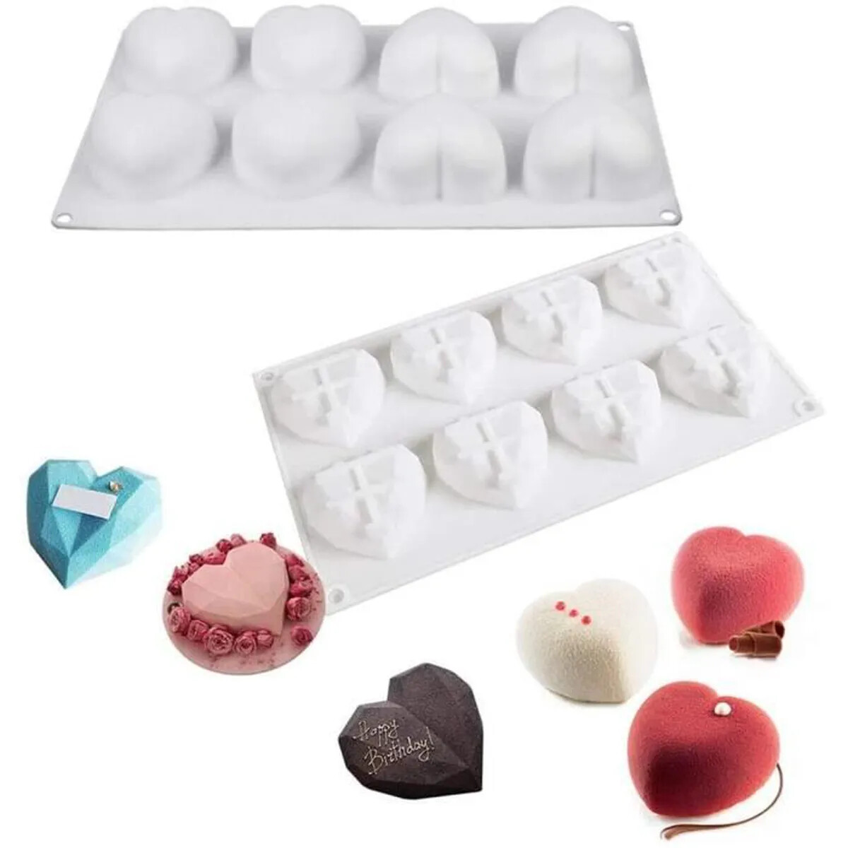 Moule silicone 16 coeurs bombés diamant 29cm pour gâteaux individuels