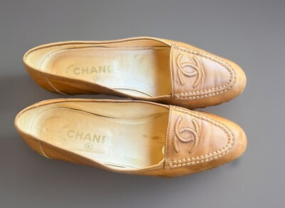 Vintage Chanel Logo Beige Soft Lambskin Leather Flat Loafers