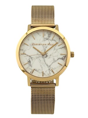 CHRISTIAN PAUL MAR.WHI.RG.35 Texture White Marble Dial Mesh Band Rose Gold Watch