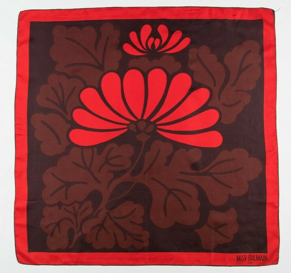 Foulard Miss Balmain Soie Vintage - 78x78 Cm - Ivoire/Marron - Occasion
