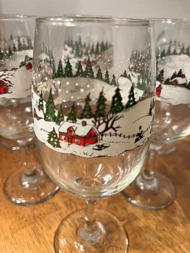 6/Vintage/Libby/winter/Christmas Snow Scene /Goblets 12 oz 7.5” Tall/mint - Picture 4 of 12