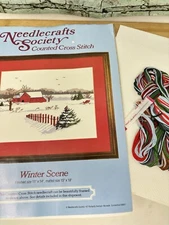 Needlecrafts Society WINTER SCENE Cross Stitch Sampler Kit Red Barn NOS Complete