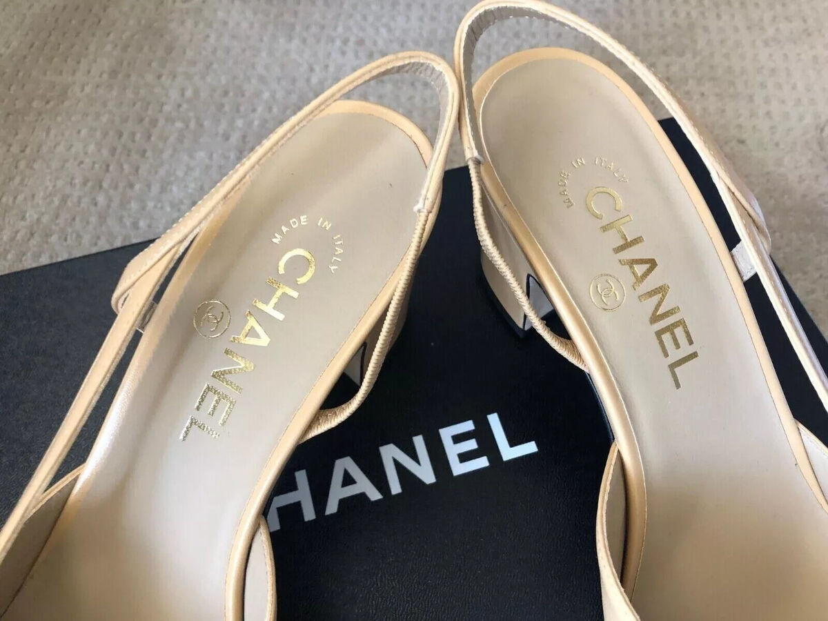 New Size 40 Chanel Beige/Black Goatskin Cap Toe Slingback New Size 40 Chanel Beige/Black Goatskin Cap Toe Slingback