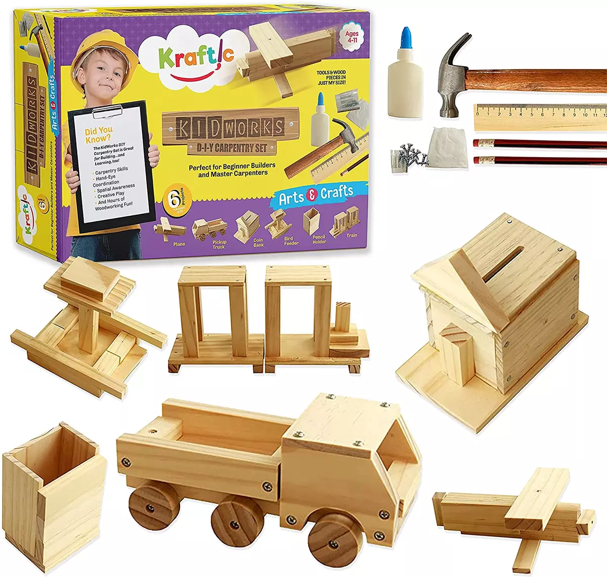 Kraftic Woodworking Building Kit for Kids and Adults, with 3 Educational  DIY Carpentry Construction Wood Model Kit Toy Projects for Boys and Girls 