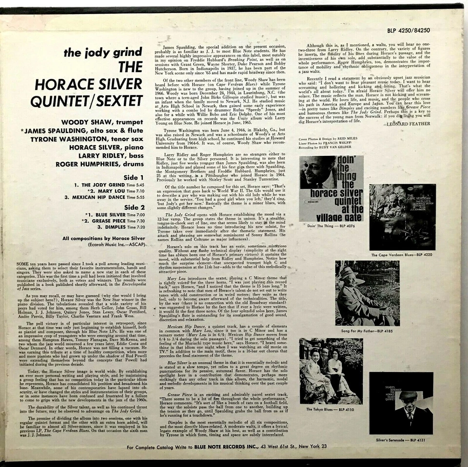 THE HORACE SILVER QUINTET/SEXTET "The Jody Grind" Mono Vinyl LP - 1967 Blue Note - Image 4 of 4