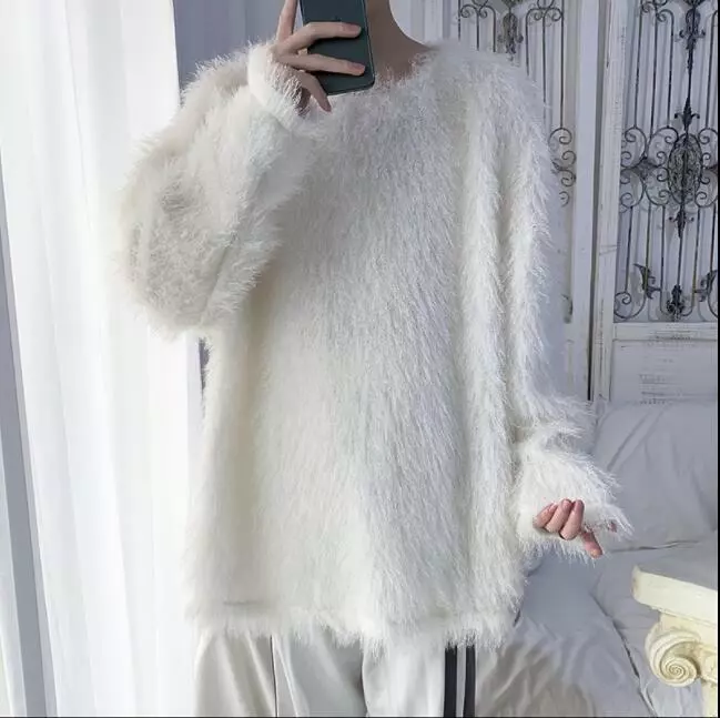 Mens Youth New Fashion Fluffy Faux Fur Loose Pullover Knitted Sweater  Jumper FZ